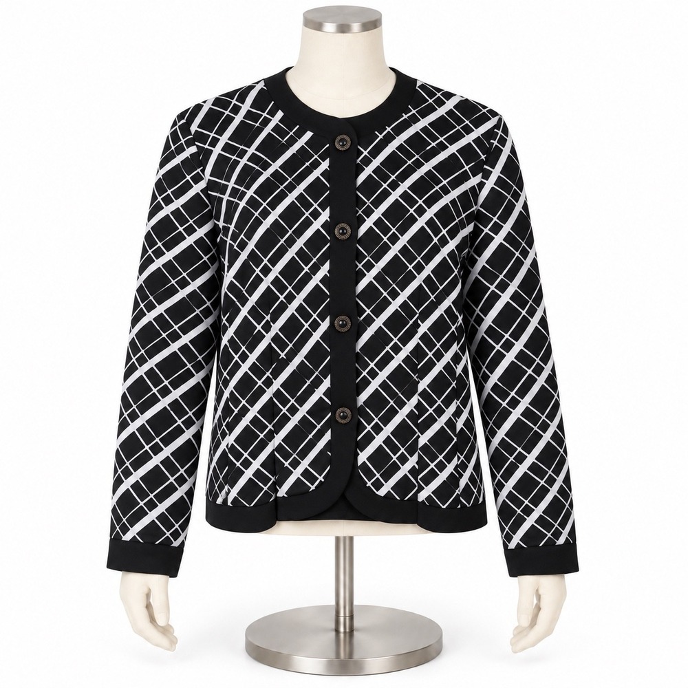 Andrea Gayle Vintage 90s Black White Geometric Grid Button Front Blouse 16